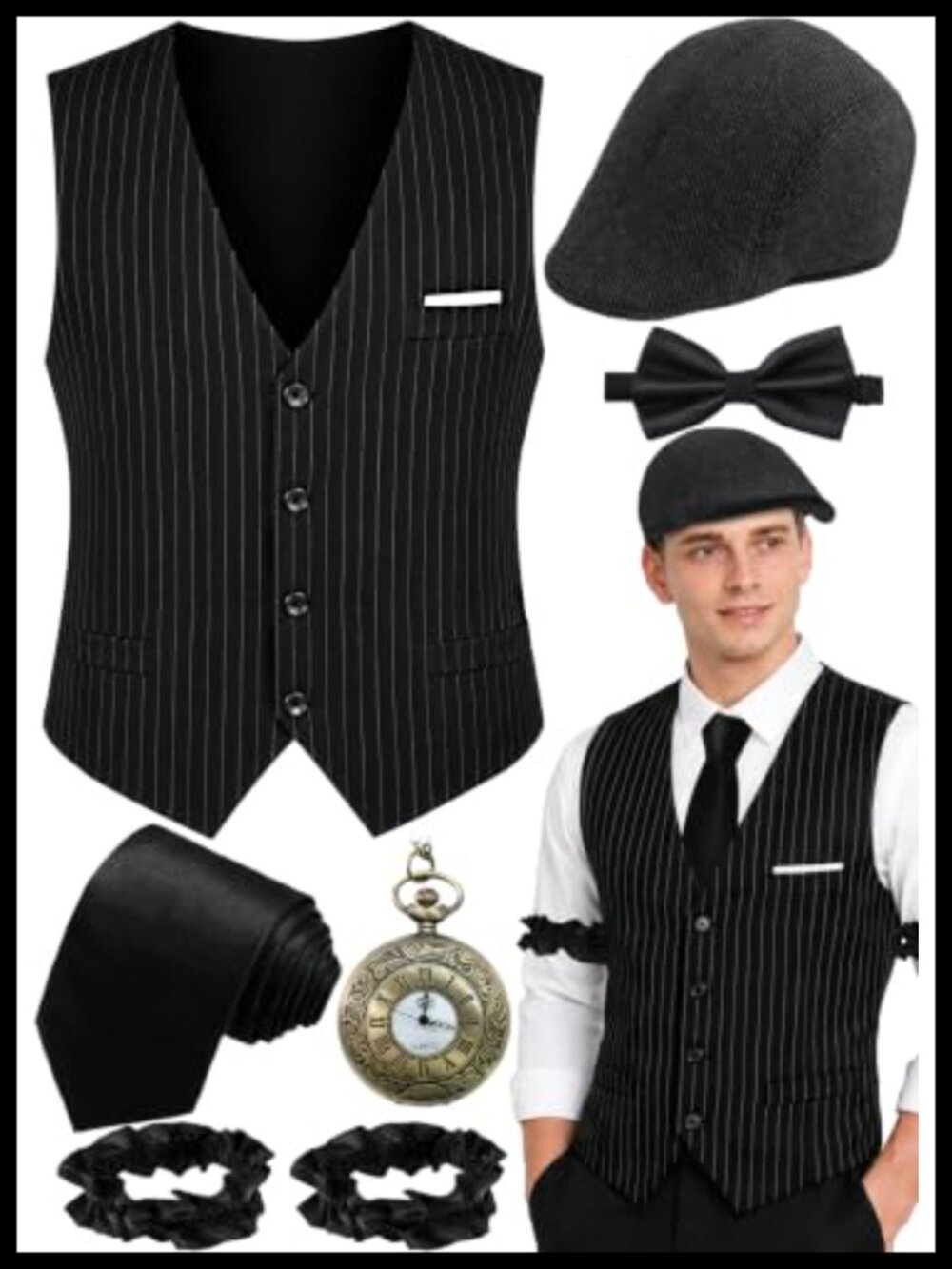 1920s Mens Costume Set Vest Newsboy Hat Pocket Watch